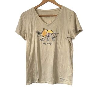 LIFE IS GOOD Crusher V Neck Keep it Simple Pooh Piglet Cream Graphic T-Shirt M